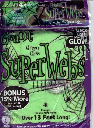 13 FEET STRETCHY - JUMBO GLOW IN THE DARK GREEN HALLOWEEN SPIDER WEBS + 4 SPIDERS by The Gothic Collection