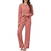 KCW Womens Pajamas Sets 100% Cotton 2 Piece Lounge Set Long Sleeve Tops and Pants Soft Pjs Sleepwear with Pockets