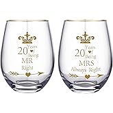 HLIKEM Pack of 2 Wine Glass Mr Right Mrs Always Right 20th Wedding Engagement Anniversary Cups for Couples Parents Tumbler 20 Years Anniversary Present Wine tumbler Cups Gifts