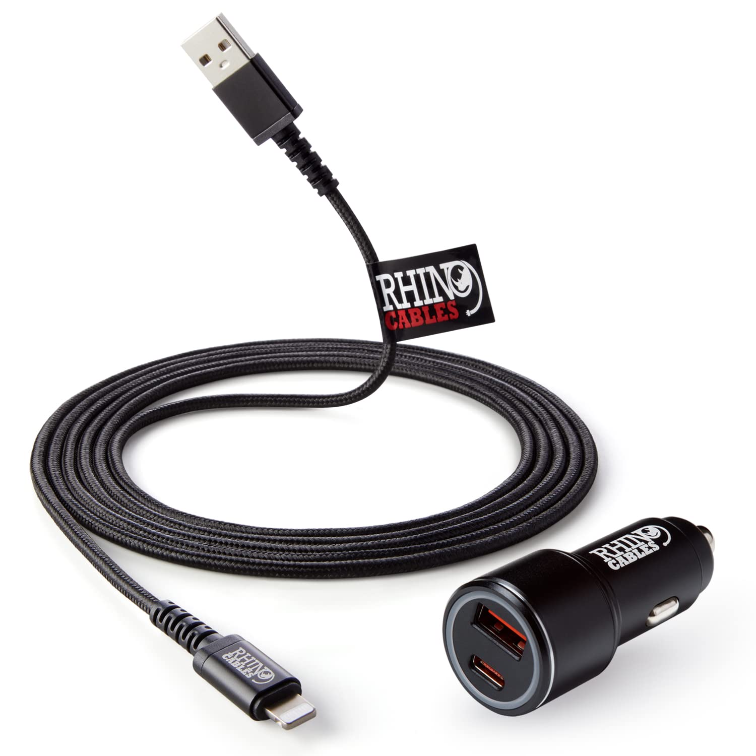 rhinocables MFi-Certified Lightning Cable with USB A/USB C Dual Port Lighter Socket Car Charger Plug - Car Charger for All Lightning-Compatible Devices, 2m (More Lengths Available)