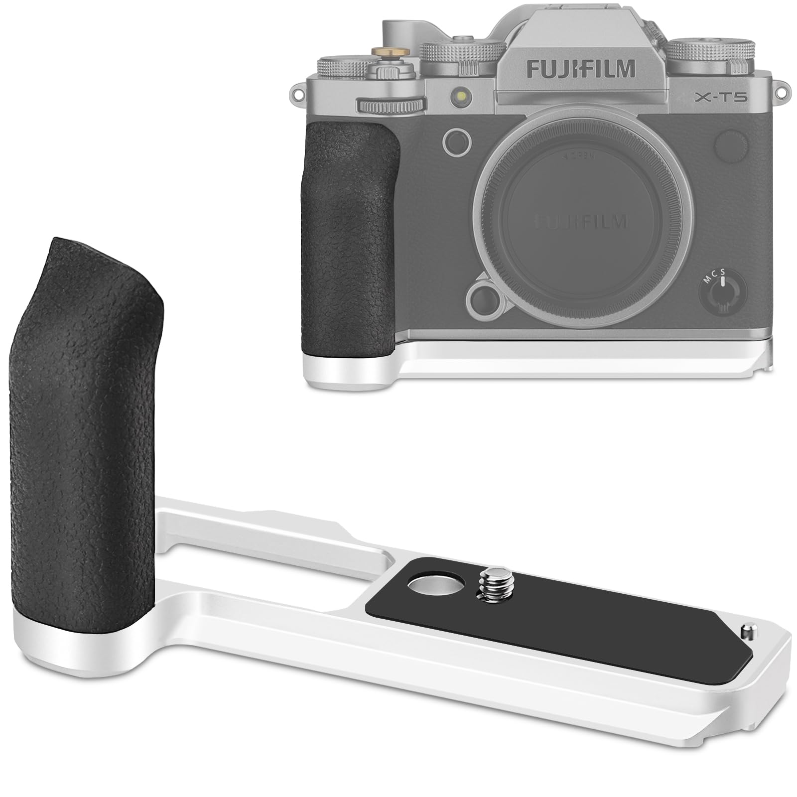 Haoge X-T5 Handgrip for Fujifilm X-T5 Camera L-Shape Grip, With Ergonomic Silicone Side Handle Built-in Arca Swiss Type Plate for DJI RS2/RS-C2/RS3/RS3-PRO/RS3 Mini,Silver MHG-XT5S