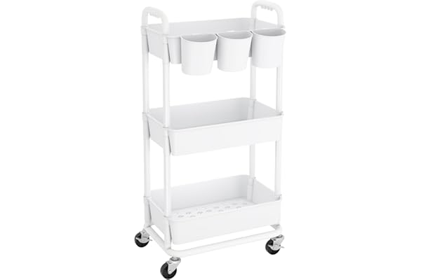 JIUYOTREE 3-Tier Plastic Rolling Storage Cart Utility Cart with Extra Hanging Cups Handles Lockable Wheels for Living Room Ba
