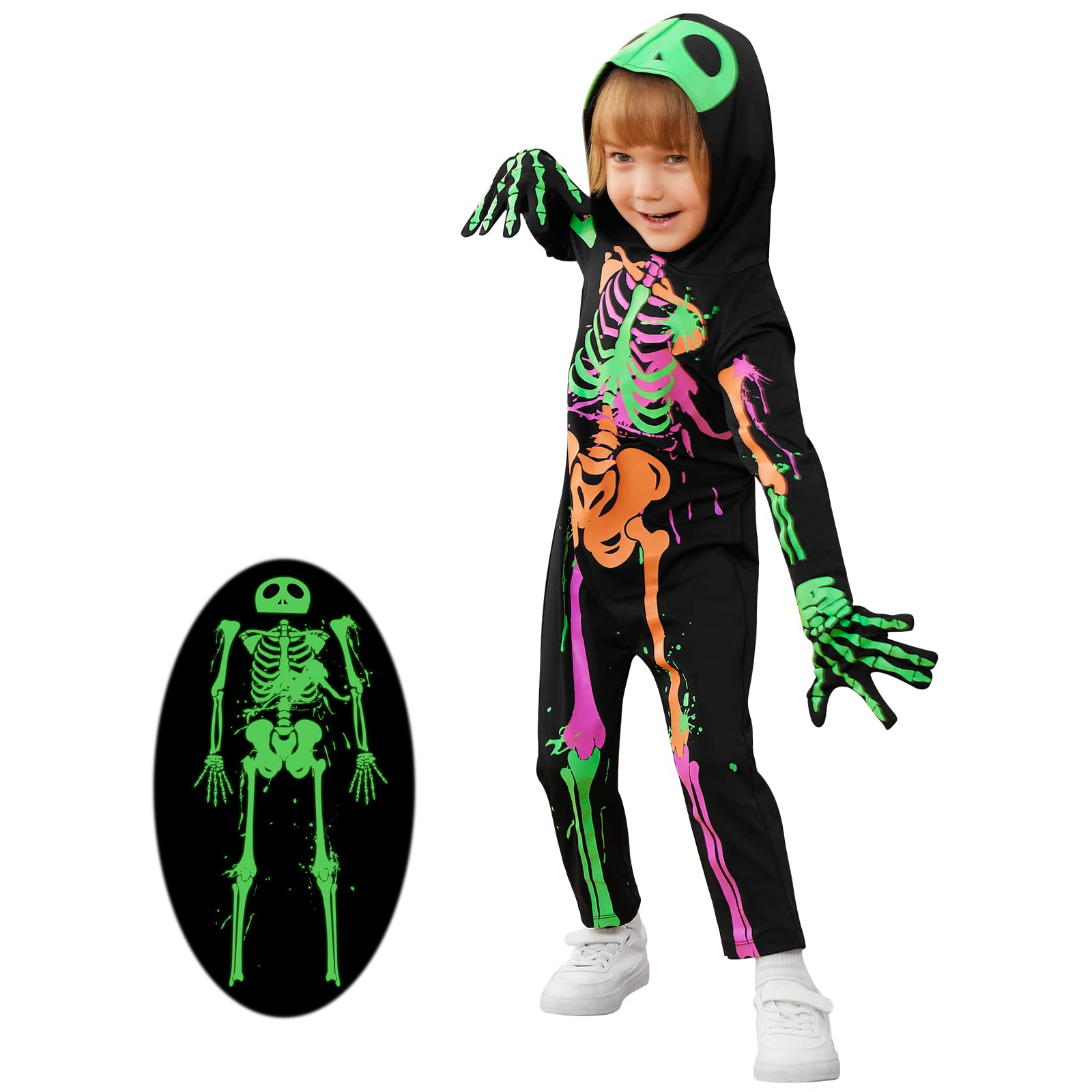 Halloween Skeleton Costumes Kids Boys Girls Glow in The Dark Fancy Dress Costume Hooded Jumpsuit with Gloves for Cosplay Party Carnival Children's Skeleton Bone Bodysuit