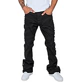Zeavitt Stacked Flare Jeans Men Slim Fit Distressed Stretch Hip Hop Jeans Straight Leg Y2k Embroidery Aesthetic Denim Pants