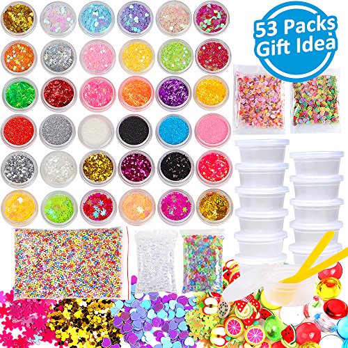 Slime Supplies Kit 53 Pack Slime Making Supplies, Include Slime Glitter Jars, Foam Balls, Fishbowl Beads, Fruit Cake Slices, Slime Containers, Slime Accessories for Slime Art DIY Craft by INFELING