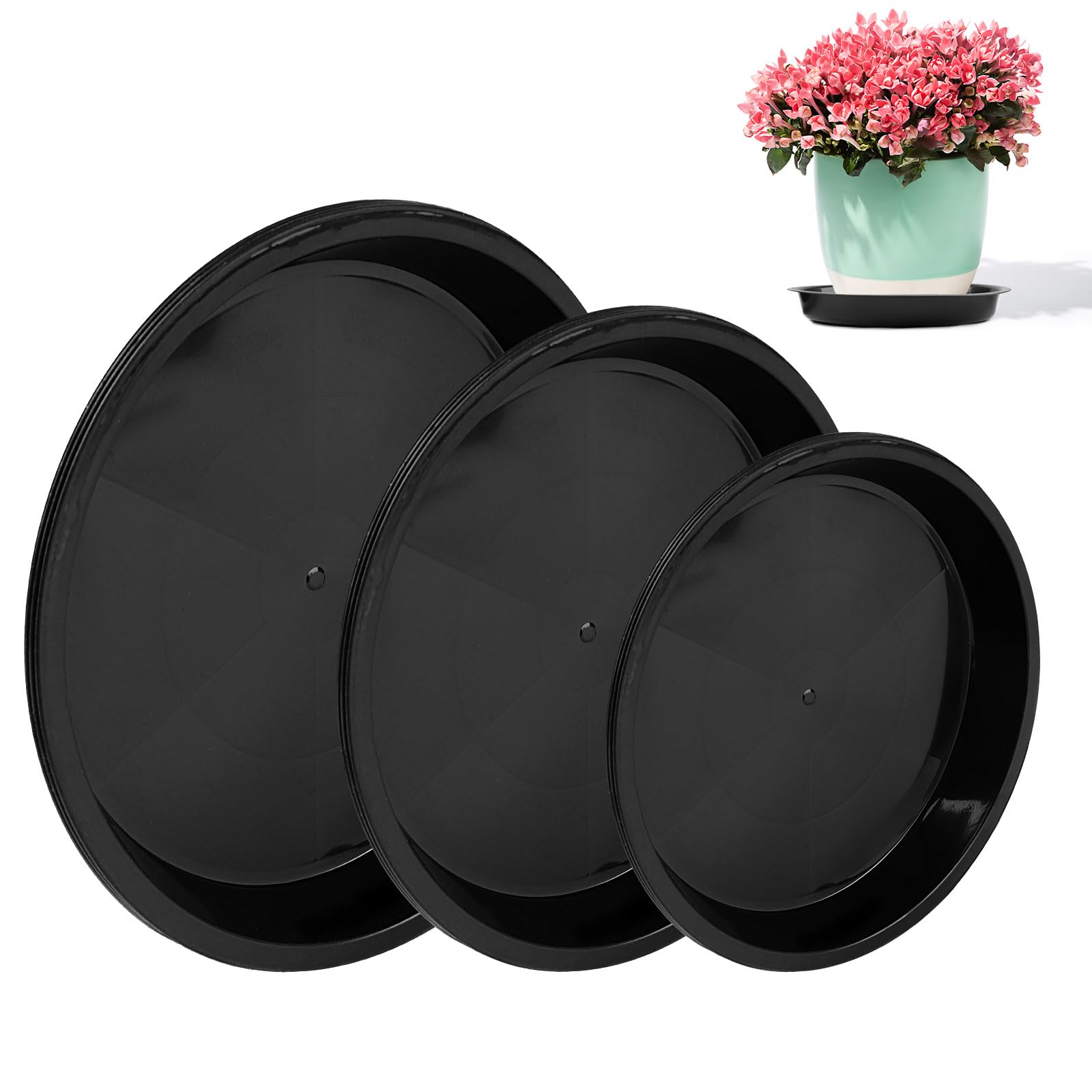 Deepton 12 Pack Plant Pot Saucers, 14/16/18 cm Round Plant Saucers, Plastic Plant Pot Trays, Black Plant Trays for Pots, Flower Pot Drip Trays for Indoor and Outdoor Household Garden Plants