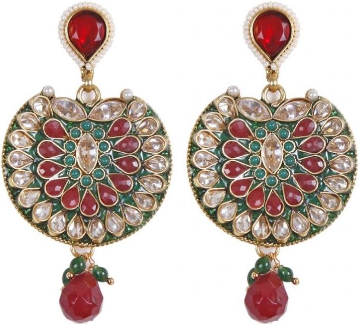 Rajwada Arts Women's Traditional Kundan Meena Earring Red, Green, White, Golden
