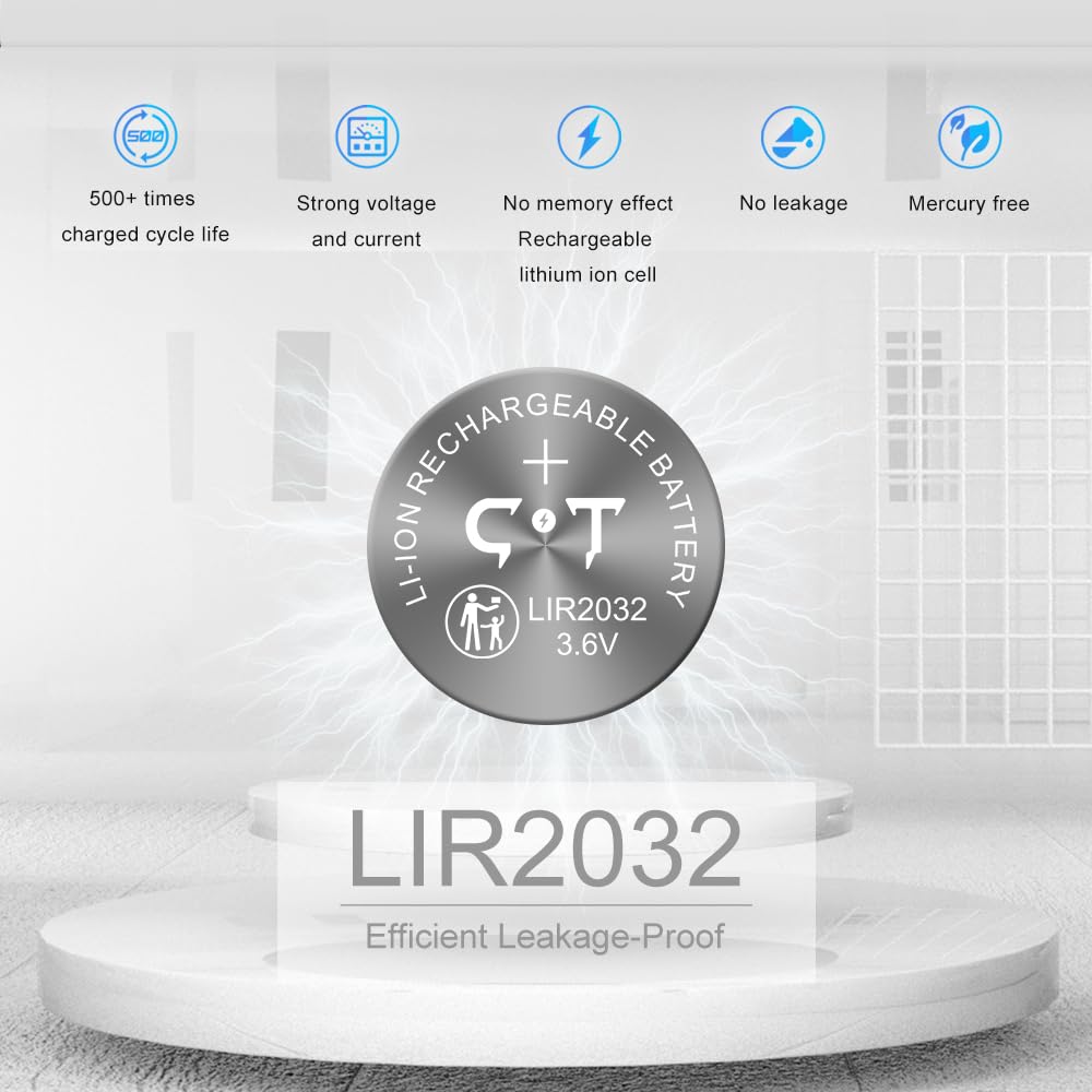 Rechargeable LIR2032 Batteries 3.6V Lithium Ion Button Coin Cell Batteries 2PCS AirTag Key Fobs Watch Battery Replacing