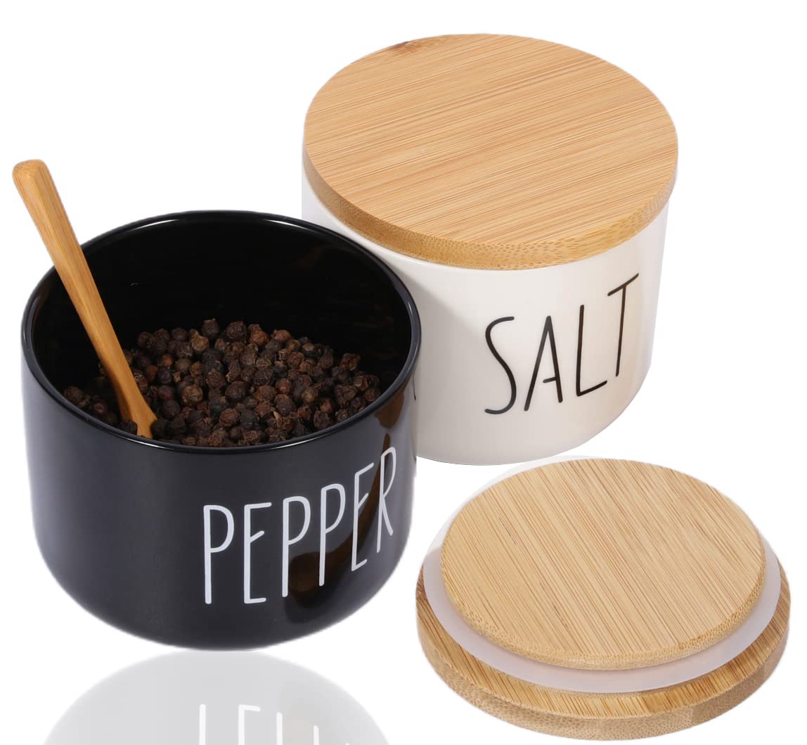 Photo 1 of VICUKIE Farmhouse Salt And Pepper Bowls,Stacked Ceramic Salt Cellar With Bamboo Lid, Salt Container With Lid Spoon, Modern Farmhouse Kitchen Decor, Spice Box?Darker Black & White?