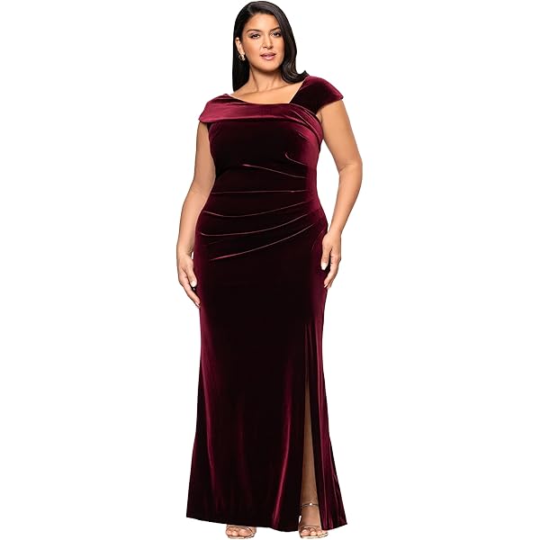 Amazon.com: Xscape Women's Velvet Asymmetrical Neck Short Sleeve Floor  Length Dress, Burgundy, 4 : Clothing, Shoes & Jewelry