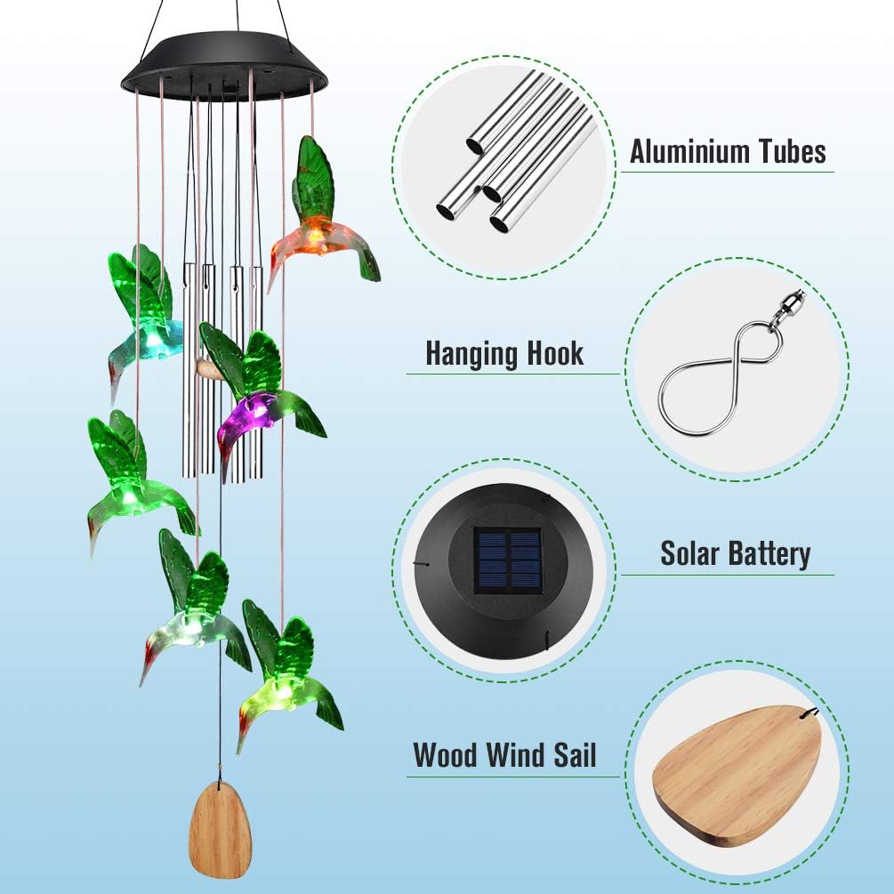 OUTUL Wind Chimes Outdoors LED Solar Hummingbird Wind Chime for Windows, Yard, Patio, Porch, Garden, Backyard, Memorial Wind Chimes Gifts for Mom Grandma : Garden & Outdoor