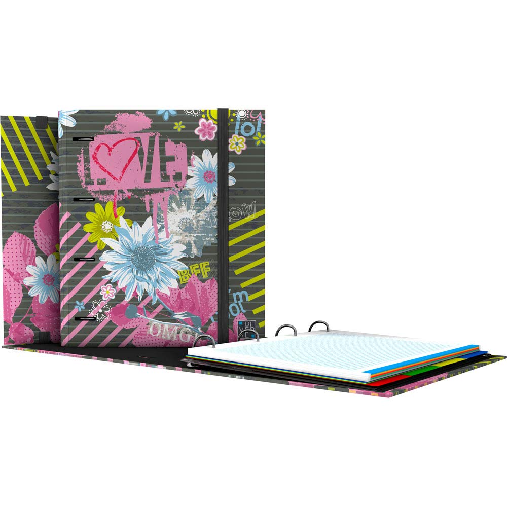 Grafoplás 88101963 4-Ring Die-Cut Folder with Refill Sheets and Dividers, Rubber Closure, A4, Carpebook Diverse Flow