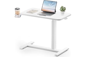 COMHOMA Adjustable Overbed Bedside Table with Wheels, Pneumatic Mobile Rolling Laptop Desk, Height Adjustable Standing Desk Bed Table for Hospital and Home Use (32" W x 16" D, White)