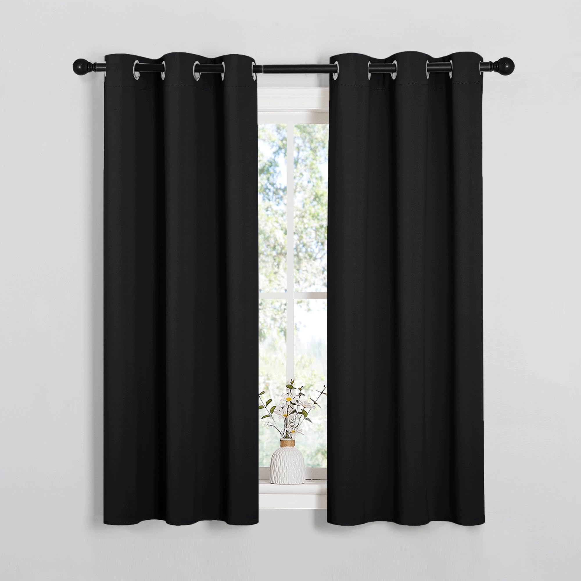 PONY DANCE Short Black Blackout Curtains With Eyelet for Bedroom, Thermal Room Darkening Privacy Curtains & Drapes for Nursery Kids，Soundsproof Light Blocking Drapes, W 34" x L 54", 2 Panels — image 1