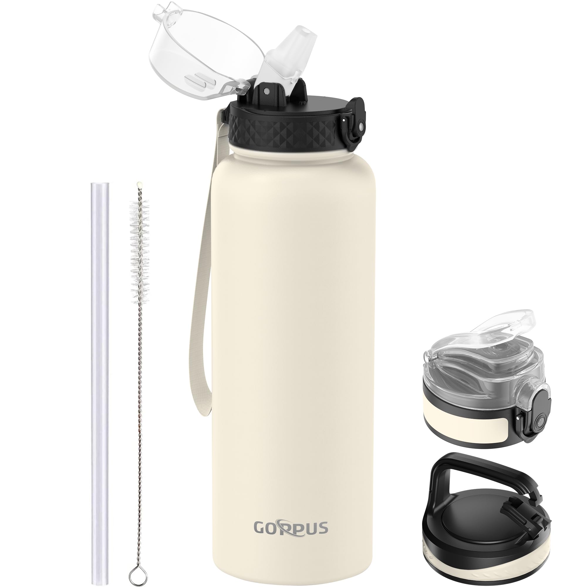 GOPPUS 1.2L/40oz Stainless Water Bottle with Straw Double Wall Insulated Bottles with Strap Large Vacuum Thermal Flask Leakproof Keep Cold Drinks Bottles with Flip Top Lid for Men Women BPA Free