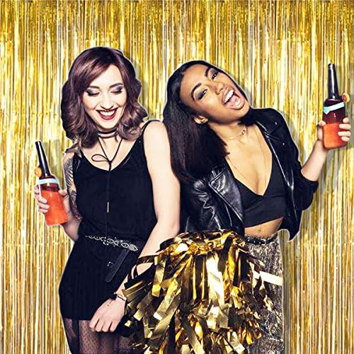Metallic Gold Fringe Curtain Backdrop - 2 Pack (3.3ft x 8 ft) Metallic Tinsel Shinny Curtain Hanging Gold Backdrops for a Party, Birthday, Weddings, Bachelorette Decorations