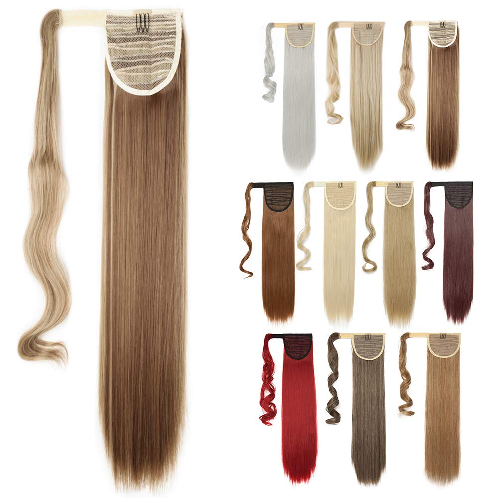 Silk-co Straight Pony Tail Hairpiece Clip in Hair Extensions 23" Wrap Around Ponytail Highlights Long for Women (Light Brown&Blond)