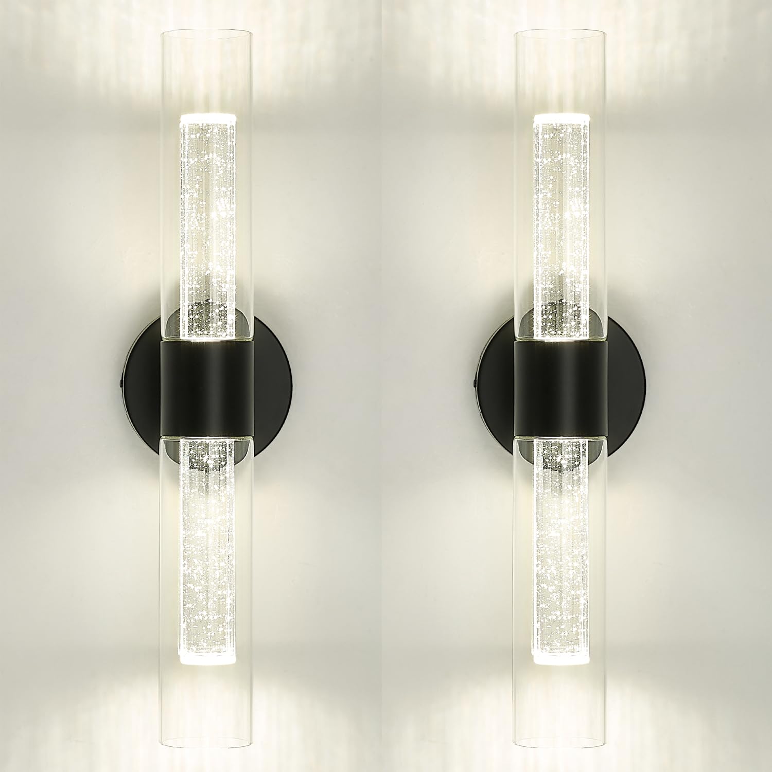 Photo 1 of ******************ONE OF THE GLASS PIECES IS BROKEN*************
kudos Black Bathroom Sconces Wall Lighting,2 Pack LED Wall Lights with Crystal Bubble and Clear Glass, 3000K/4500K/6000K Adjustable,KDVL05-BK-2-2PK