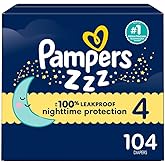 Pampers ZZZ Overnight Diapers, Size 4, Nighttime Protection Disposable Baby Diaper, 1 Pack (Count of 104),