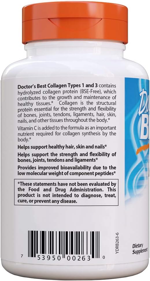Doctor's Best Collagen Types 1 & 3 with Vitamin C, Non-GMO, Gluten Free, Soy Free, Supports Hair, Skin, Nails, Tendons & Bones, 500 mg, 240 Caps (DRB-00263): Health & Personal Care