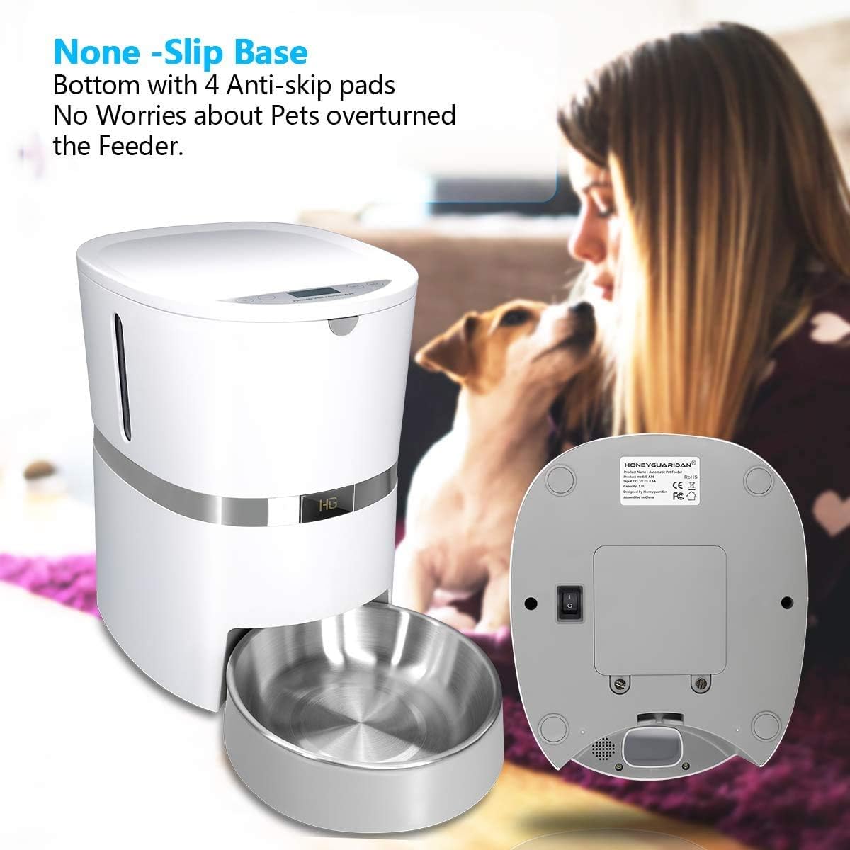 Pet Supplies : HoneyGuaridan Automatic Pet Feeder, Dogs, Cats, Rabbit & Small Animals Food Dispenser with Stainless Steel Pet Food Bowl, Portion Control and Voice Recording - Batteries and Power Adapter Support : 