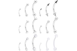Lcolyoli 18pcs 16G Clear Bioflex Acrylic & Stainless Steel Eyebrow Barbell Rook Daith Earrings Belly Studs Cartilage Tragus Barbell Body Piercing Jewelry Retainer 6mm 8mm 10mm