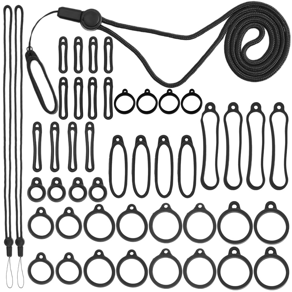 CRASPIRE 46Pcs 11 Sizes Anti-Lost Silicone Rubber Rings Set 8-58mm Ring with 2Pcs Adjustable Lanyards Strap Pendant Necklace Fixing Holder Soft Protective Replacement Multipurpose Keychain