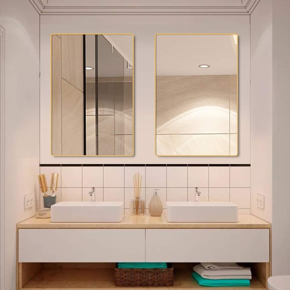 belle electrical Wall Mounted Bathroom Mirrors 36X24, Thin Large Modern Rectangular Aluminum Metal Frame Makeup Bathroom Mirrors for Wall, Gold Round Corner Mirror Hangs in Vertically or Horizontally: Home & Kitchen