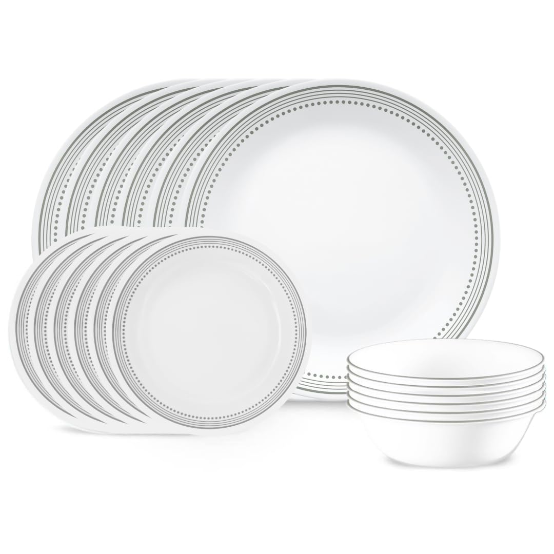Corelle Vitrelle 18-Piece Service for 6 Dinnerware Set Triple Layer Glass and Chip Resistant, Lightweight Round Plates and Bowls Set, Mystic Gray