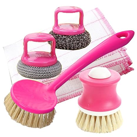 Brush Scrub Set Effective Cleaning Stains Of Pot Pan Cast Iron Skillet Dishes Sink Including 2 Brushes 2 Scrubbers 1 Rag 5 Pack