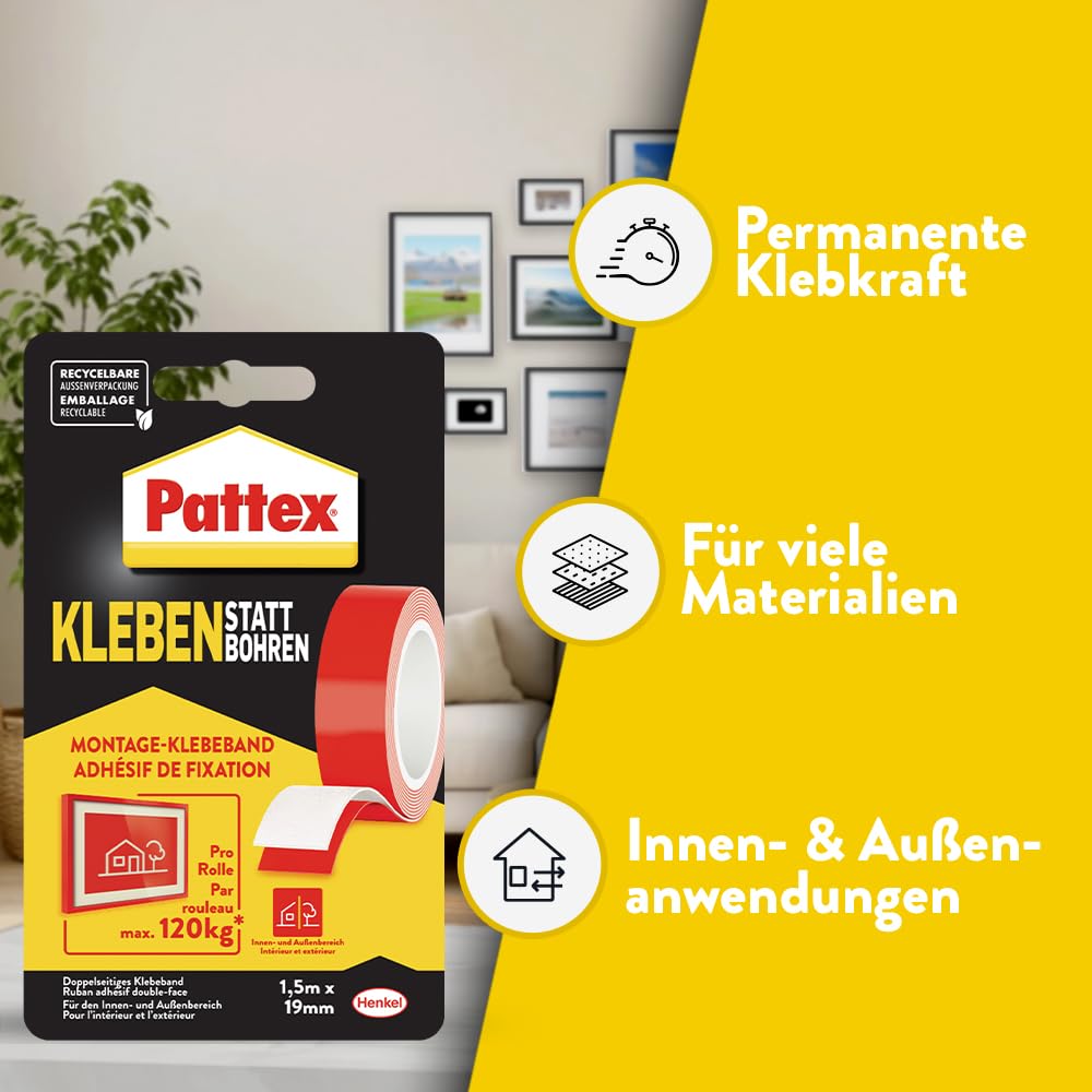 Pattex Kleben statt Bohren Klebeband, extra starkes doppelseitiges Klebeband, Doppelklebeband für Montagearbeiten innen & außen, Wandbefestigung ohne Bohren, 19mm x 1,5m 3