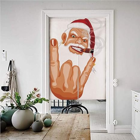 Amazon Pnejoef のれん カーテン リビング用 間仕切り 暖簾 幅85 丈1cm バスルーム目隠し 脱衣場の目隠し 出入り用の暖簾 ウォッシャブル クリスマス サンタクロースを作るマウスロッカージェスチャー喫煙葉巻ノエルユーモアのお祝いの装飾 暖簾カーテン 北欧風 綿麻
