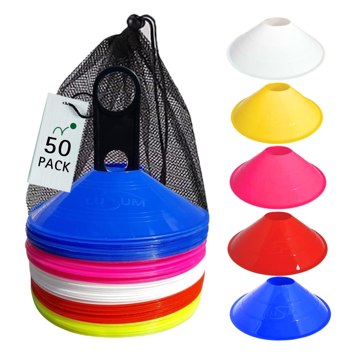 Lusum Set of 50 Sports Safety Space Marker Cones with Stand and Bag - Sports Training Football Cones Set - Indoor/Outdoor Use
