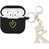 AIIEKZ Compatible AirPods 4 Case Cover 2024, Soft Silicone Case with Gold Heart Pattern for AirPods 4th Generation with Rhinestone Studded Letter A-Z Keychain (K Black)