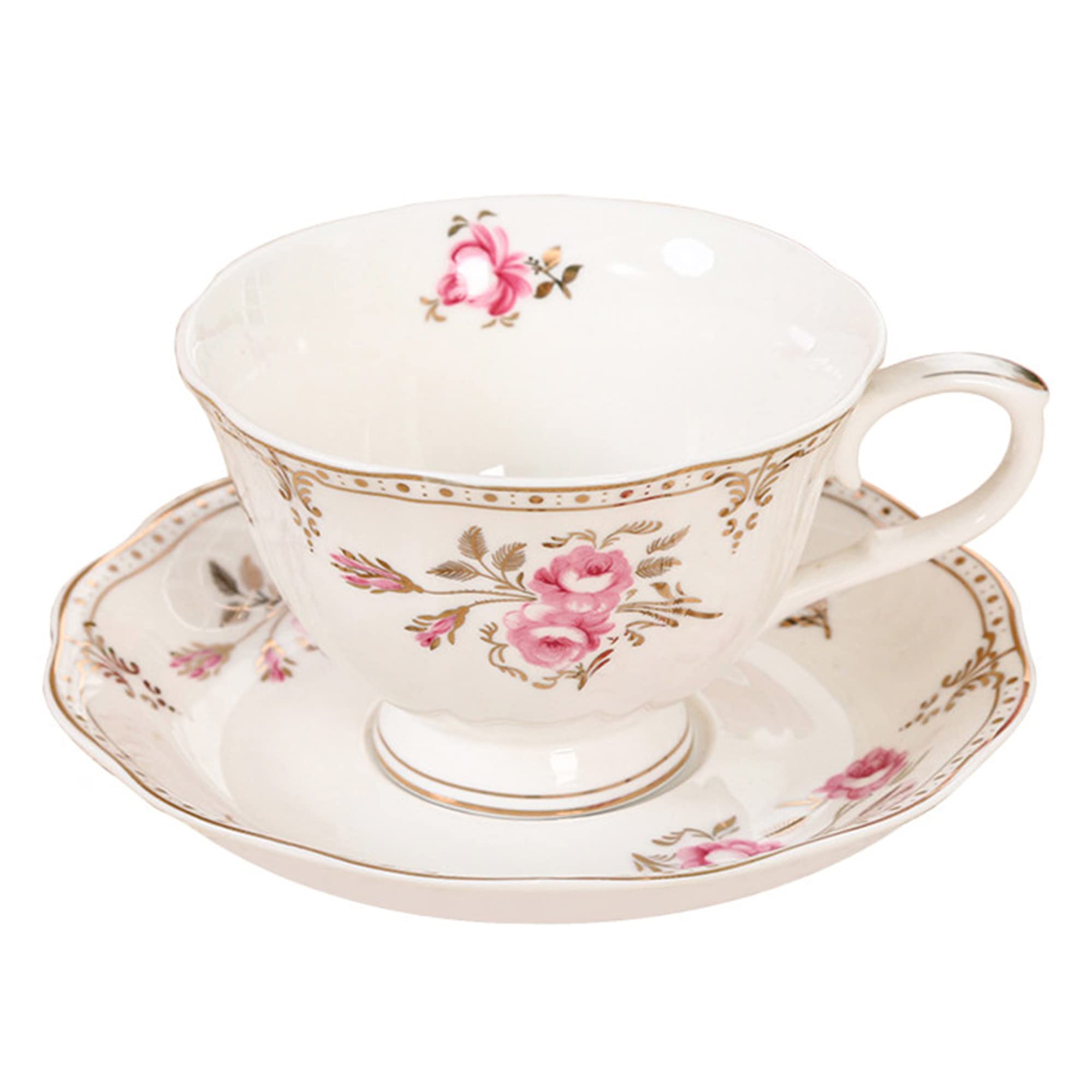 fanquare 220ml Floral Coffee Tea Cup and Saucer Set, Light Pink Coffee Cup with Gold Trim, Vintage Porcelain Tea Cup