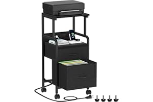 Korfile Printer Stand with Power Outlets & File Cabinet, Mobile Printer Table with 2 Drawers, 4 Tiers Multi-Functional Rolling Printer Cart with Wheels for Home Office, Living Room, Black