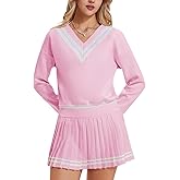 IUK Women's 2 Piece Tennis Skirt Set, V-Neck Long Sleeve Sweatshirt & High Waisted Pleated Skirt, Athletic Outfit for Golf
