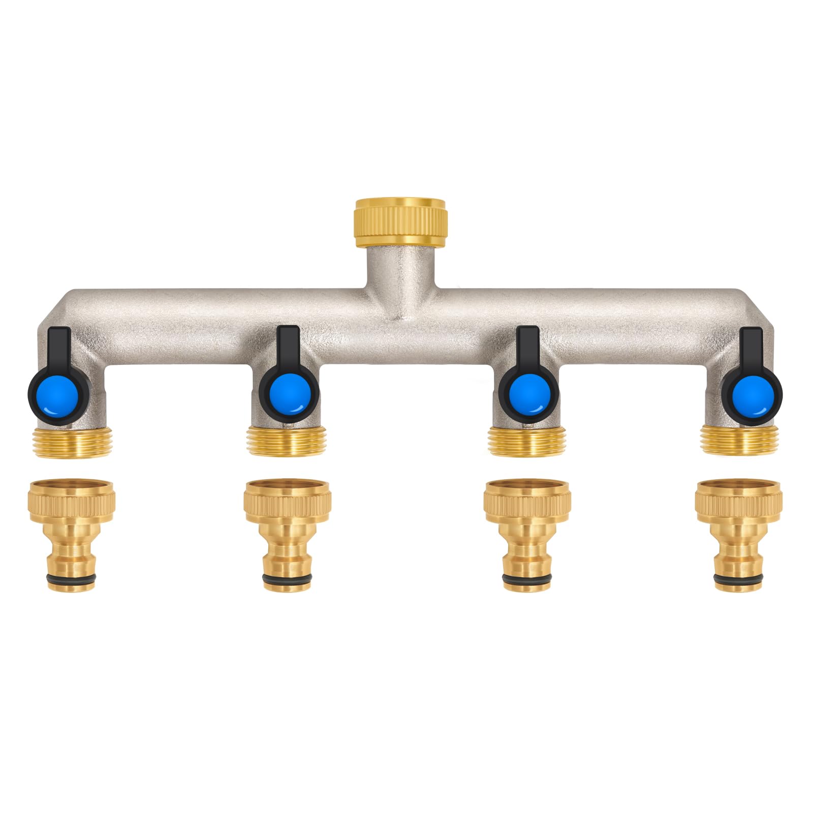 4-Way Tap Water Distributor Made of Brass for 4 Appliances / Garden Hoses, 4 Distributors 3/4 Inch Adapter 1/2 Inch with Ball Valve for Adjusting and Shutting the Water Flow