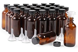 Juvale Two Ounce Amber Glass Bottles - 2 Oz, 30 Pack - Black Poly Cone Caps & 6 Funnels for Vanilla Extract - Shot Bottles With Caps