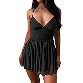 eoeoo Women's Sexy V Neck Ruffled Hem Mesh Sleeveless Ruched Spaghetti Strap Flowy Mini Dress
