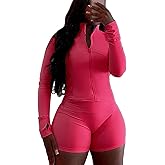 EDITCOZY Women 2 Piece Outfits Sweatsuit Long Sleeve Shorts Set Full Zip Jacket Bodycon Tracksuit Sweat Suits