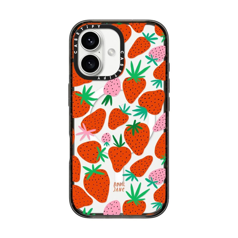 CASETiFY Impact iPhone 16 Case [Slim / 8.2 ft. 4X Military Grade Drop Protection/Compatible with Magsafe] - Strawberries - Clear Black