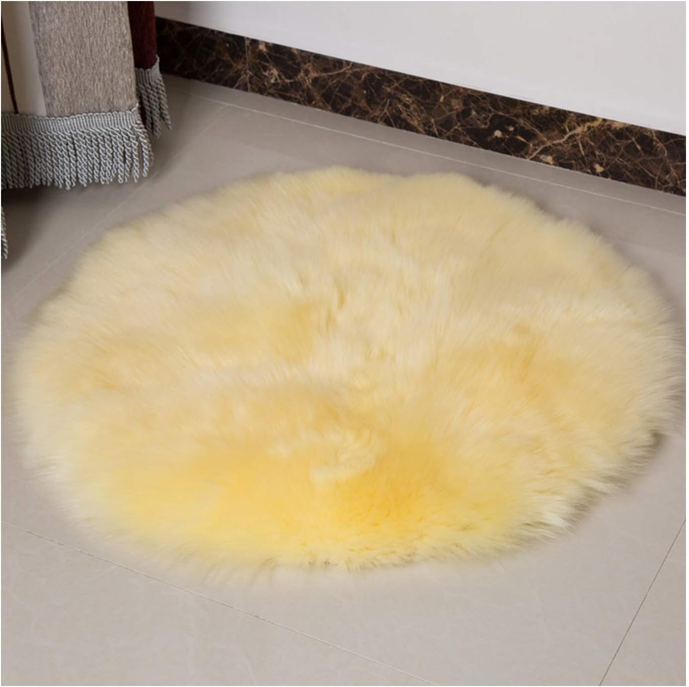 Round Mat Home Decor Faux Fur Sheepskin Rugs Kids Carpet Nursery Bedroom Fluffy Rug Shaggy Area Rug, Diameter 2ft Light Yellow
