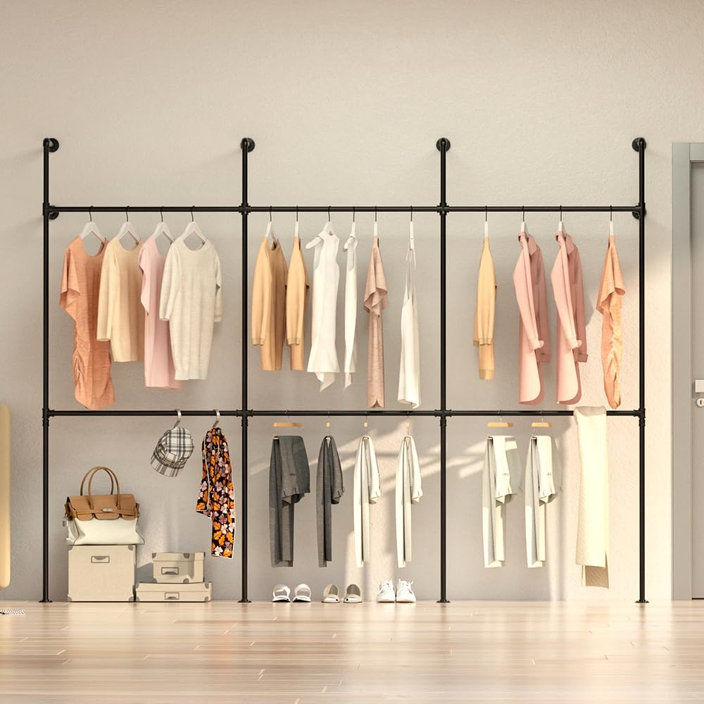 Photo 1 of KELIXU Industrial Pipe Clothing Rack Height Adjustable Garment Rack for Hanging Clothes, Heavy Duty Iron Clothes Rack with Double Rods, Wall Mounted Walk in Closet Systems (Three, Black)