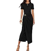 ZESICA Women's 2026 Summer Short Sleeve Bodycon Midi Dress Crewneck Ruched Split Wedding Guest Cocktail Wrap Dresses