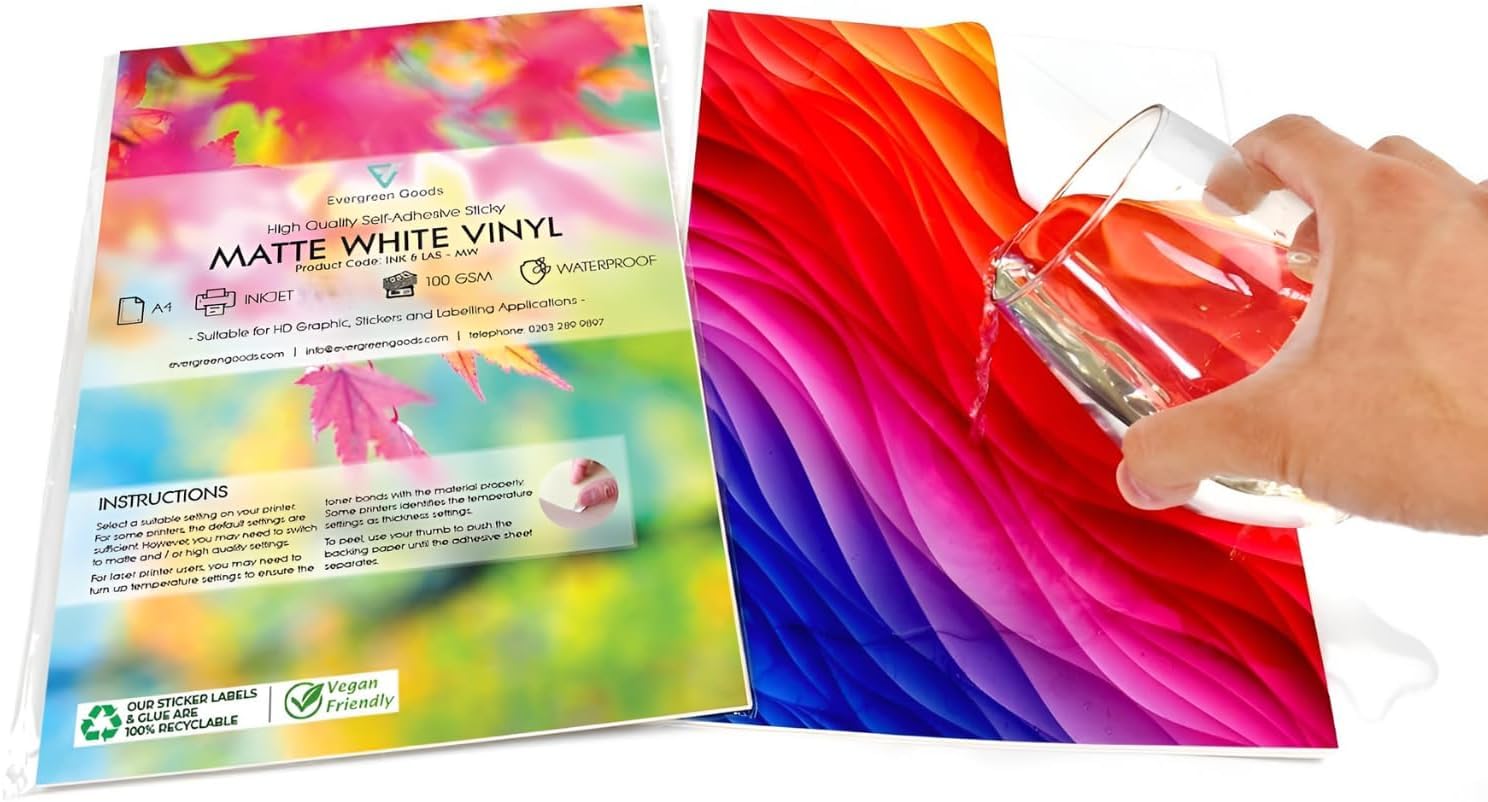 Evergreen Goods™ 10 Sheets A4 Matte White Printable Sticky Vinyl Labels | Waterproof Sticker Paper for Inkjet & Laser Printers | Self Adhesive Vinyl Ideal for Stickers, Labels, Signs, Decals Designs