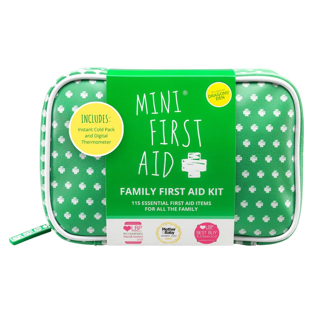 Family First Aid Kit - 115 Pieces Including Plasters, Bandages, Burn Gel, Thermometer, Cold Pack - for Car, Home, Travel, Camping and Hiking - As Seen on Dragons' Den