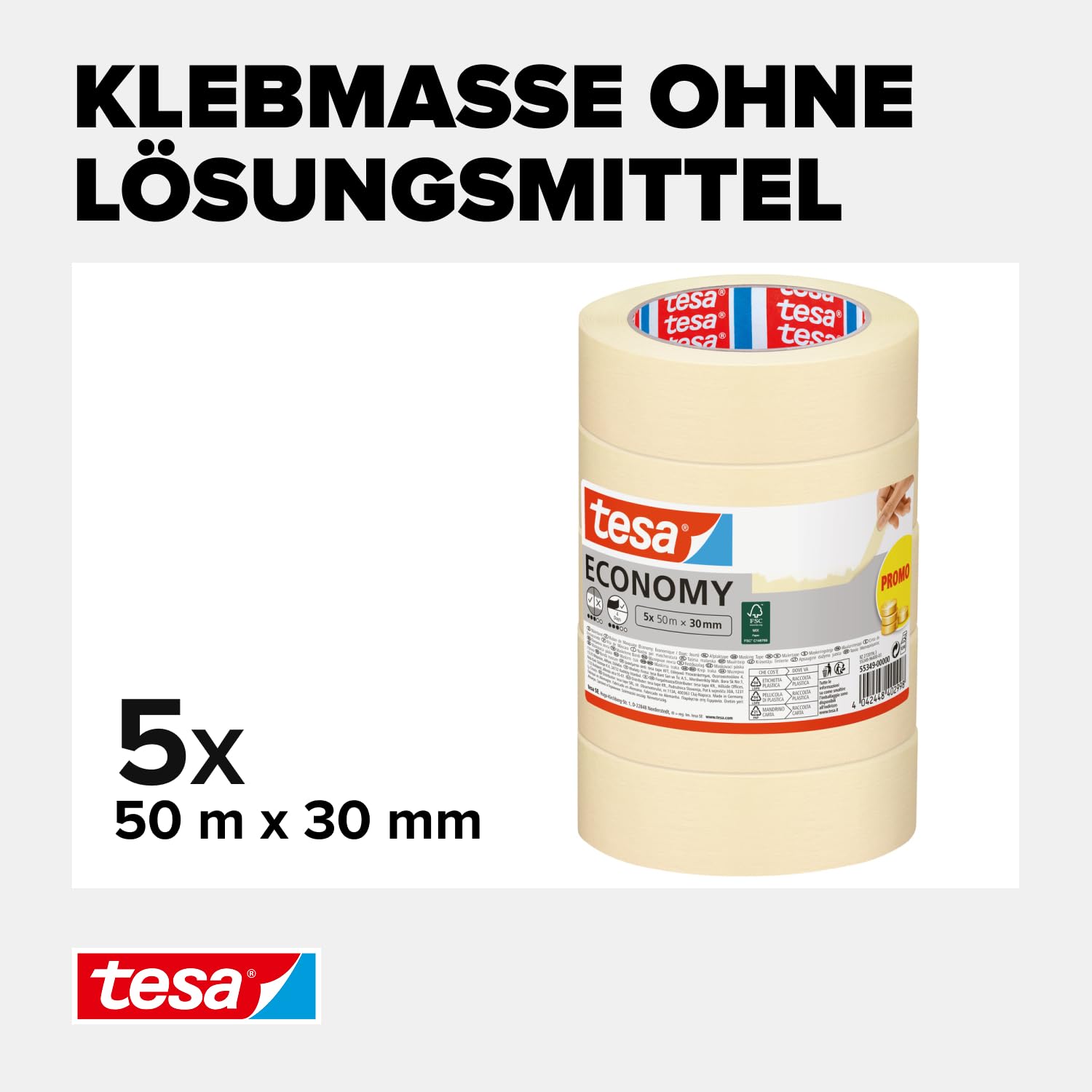 tesa Malerband ECONOMY - Vielseitiges Klebeband für Malerarbeiten ohne Lösungsmittel - Bis zu 4 Tage nach Gebrauch rückstandslos entfernbar, 5x 50 m x 30 mm 3