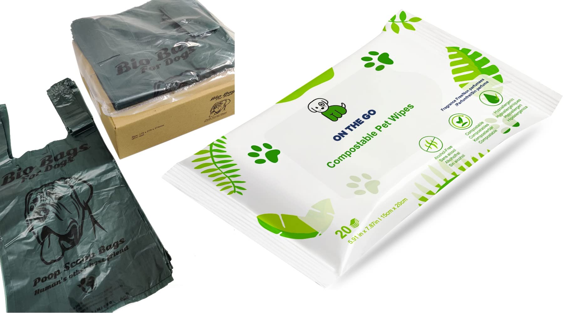 Panmer Pet Dog Wipes + Poo Bags For All Pets Eco-Friendly Hypoallergenic Unscented Set (200 Pack + 200 Poo Bags)
