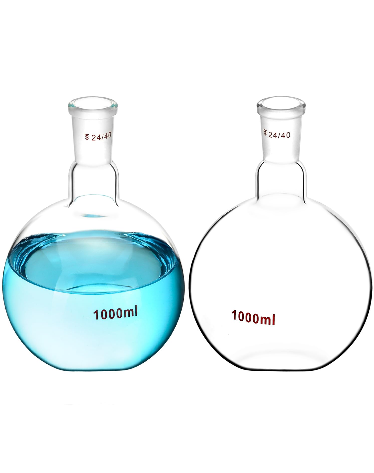 Photo 1 of QWORK 1000ml Borosilicate Glass Boiling Flask with 24/40 Standard Taper Outer Joint, Single Neck Flat Bottom, 2 Pack